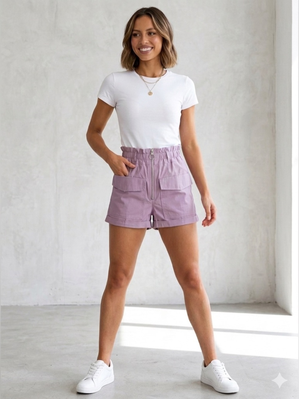 NWT Ann & Amber S  Light Purple High Waist Women’s paper bag Cargo Shorts